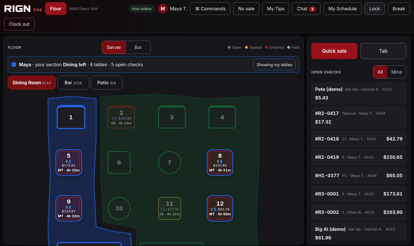 RIGN POS floor view: dining room tables colored by status, the server's section highlighted and the open checks list